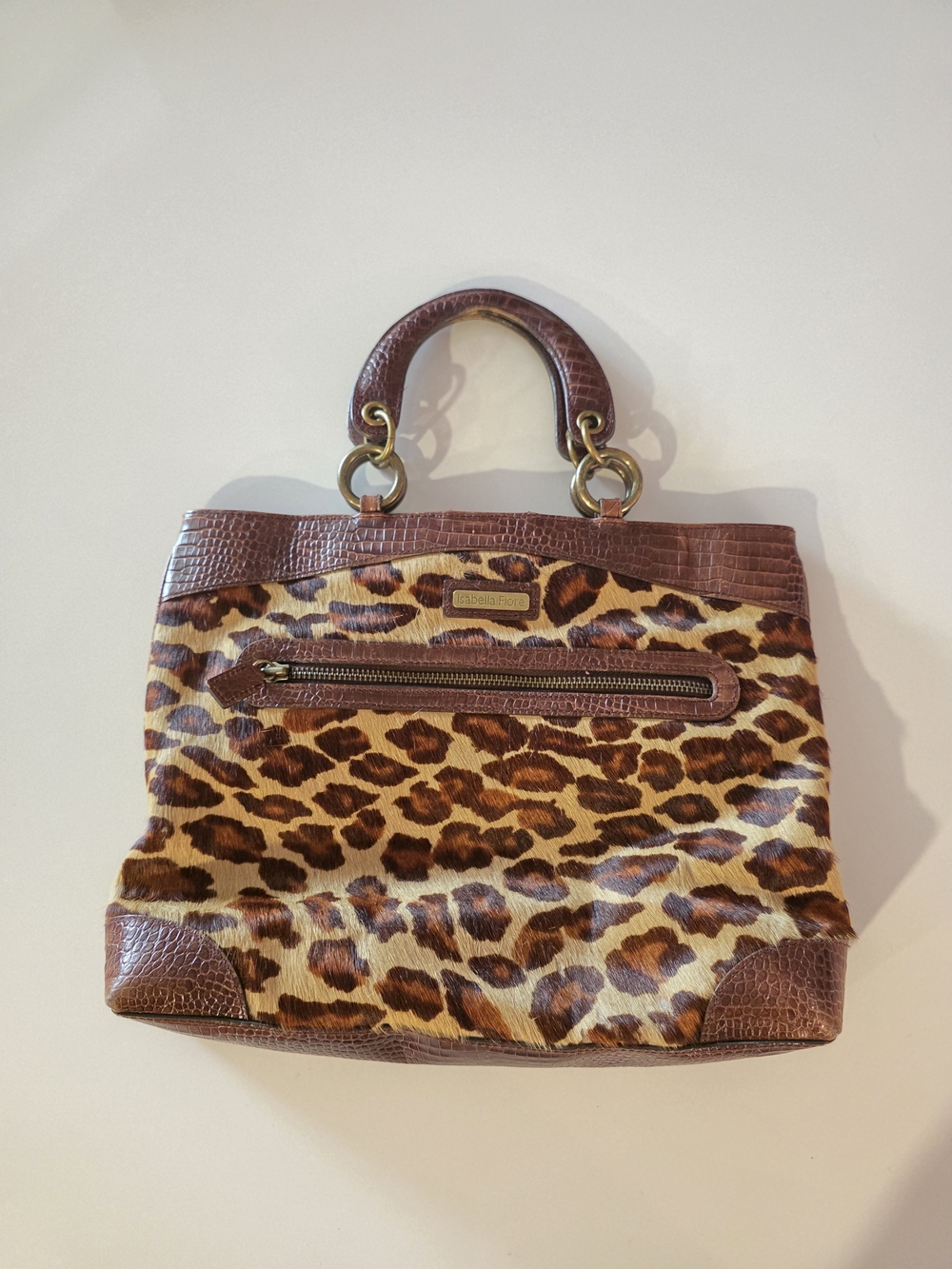 Isabella Fiore Brown Leopard Cowhide Fur Top-Handle Tote Luxury Animal Print Bag - Picture 3 of 16